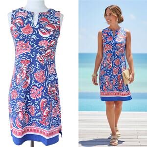 Barbara Erickson Lobsterfest Sleeveless Shift Dress Small  Coastal Prep Red Blue
